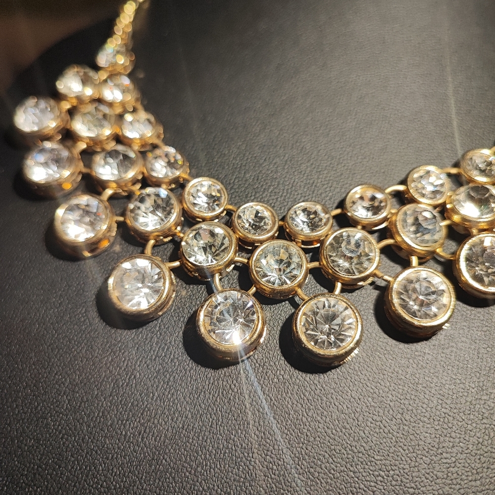 Costume Jewelry Mermaid Bubble Rhinestone Crystal Clear Gold Tone Bib Necklace